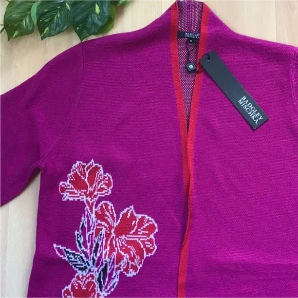 Badgley Mischka Cherry Blossom Jacquard Cardigan Sweater Coat Duster Floral